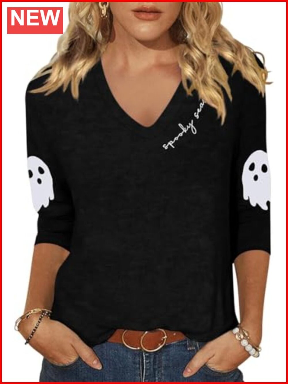 Women's 3/4 Sleeve V Neck Halloween Graphic T Shirt Casual Holiday Tee
